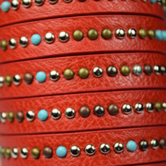 Flat Leather Cord with 3mm Studs in Multi Colors, 10x2.5mm - Red