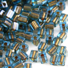 Miyuki Japanese Seed Bead, Square 4x4x4mm (Hole size 1.5mm) - Brown Lined Blue Aqua