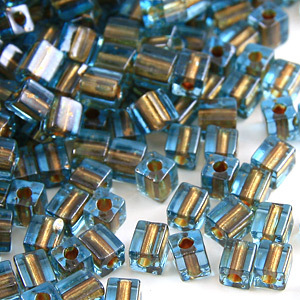 Miyuki Japanese Seed Bead, Square 4x4x4mm (Hole size 1.5mm) - Brown Lined Blue Aqua