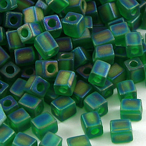 Miyuki Japanese Seed Bead, Square 4x4x4mm (Hole size 1.5mm) - Transparent Frost Rainbow Green
