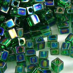 Miyuki Japanese Seed Bead, Square 4x4x4mm (Hole size 1.5mm) - Transparent Rainbow - Dark Green