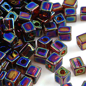 Miyuki Japanese Seed Bead, Square 4x4x4mm (Hole size 1.5mm) - Transparent Rainbow - Brown