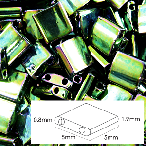 Miyuki Japanese Seed Bead, Tila Glass Bead, 5x5x1.9mm square 2 holes (Hole size 0.8mm) - Green Metallic Opaque