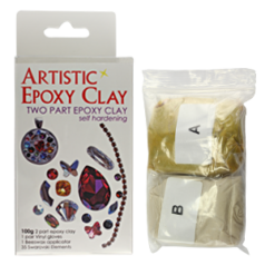 Artistic Epoxy Clay Kit - 2 Part Epoxy Clay - Self Hardening - 100g - Vinyl Gloves, Beeswax Applicator, and 35 Swarovski Elements  - Gold