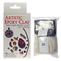 Artistic Epoxy Clay Kit - 2 Part Epoxy Clay - Self Hardening - 100g - Vinyl Gloves, Beeswax Applicator, and 35 Swarovski Elements  - Grey