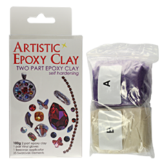 Artistic Epoxy Clay Kit - 2 Part Epoxy Clay - Self Hardening - 100g - Vinyl Gloves, Beeswax Applicator, and 35 Swarovski Elements  - Purple