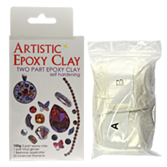 Artistic Epoxy Clay Kit - 2 Part Epoxy Clay - Self Hardening - 100g - Vinyl Gloves, Beeswax Applicator, and 35 Swarovski Elements  - White