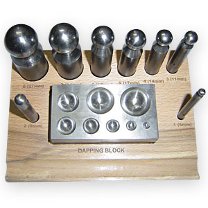 Metal Working Tools, 9 pc. Dapping Set w/ Punches, Block and Wooden Stand