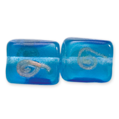 Bead, Lampwork Glass, 14x12x8mm Rectangle shape with Gold Spiral pattern - Aqua (Hole Size 2mm)