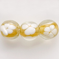Bead, Lampwork Glass, 10mm Round, Crystal Glass lined in Topaz with White Flower (Hole Size 2.5mm)