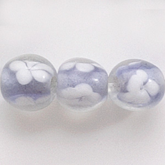 Bead, Lampwork Glass, 10mm Round, Crystal Glass lined in Light Sapphire with White Flower (Hole Size 2.5mm)