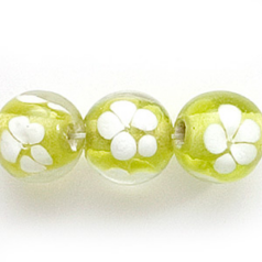 Bead, Lampwork Glass, 10mm Round, Crystal Glass lined in Chartreuse with White Flower (Hole Size 2.5mm)