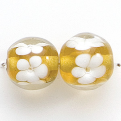 Bead, Lampwork Glass, 14mm Round, Crystal Glass lined in Topaz with White Flower (Hole Size 2.5mm)