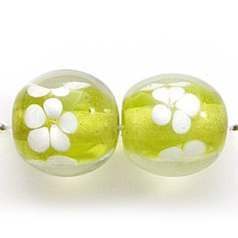Bead, Lampwork Glass, 14mm Round, Crystal Glass lined in Chartreuse with White Flower (Hole Size 2.5mm)
