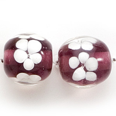 Bead, Lampwork Glass, 14-15mm Round, Crystal Glass lined in Amethyst with White Flower (Hole Size 2.5mm)