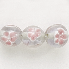 Bead, Lampwork Glass, 10mm Round, Crystal Glass lined with Pink Flower  (Hole Size 2mm)