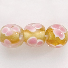 Bead, Lampwork Glass, 10mm Round, Crystal Glass lined in Topaz with Pink Flower  (Hole Size 2mm)