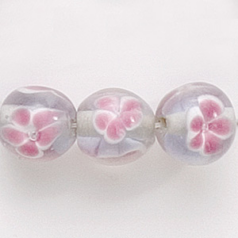 Bead, Lampwork Glass, 10mm Round, Crystal Glass lined in Light Sapphire with Pink Flower  (Hole Size 2mm)