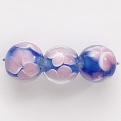 Bead, Lampwork Glass, 10mm Round, Crystal Glass lined in Cobalt with Pink Flower (Hole Size 2mm)
