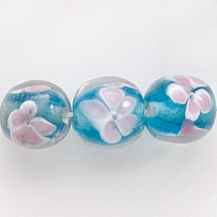 Bead, Lampwork Glass, 10mm Round, Crystal Glass lined in Aqua with Pink Flower  (Hole Size 2mm)