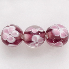 Bead, Lampwork Glass, 10mm Round, Crystal Glass lined in Amethyst with Pink Flower  (Hole Size 2mm)