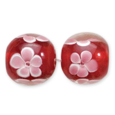 Bead, Lampwork Glass, 14mm Round, Crystal Glass lined in Siam with Pink Flower (Hole Size 2mm)