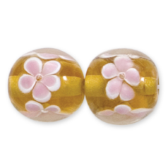 Bead, Lampwork Glass, 14mm Round, Crystal Glass lined in Topaz with Pink Flower (Hole Size 2mm)