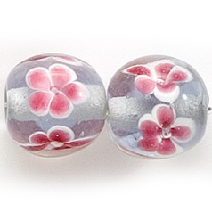 Bead, Lampwork Glass, 16mm Round, Crystal Glass lined in Light Sapphire with Pink Flower (Hole Size 2mm)