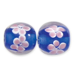 Bead, Lampwork Glass, 16mm Round, Crystal Glass lined in Cobalt with Pink Flower (Hole Size 2mm)