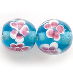 Bead, Lampwork Glass, 14mm Round, Crystal Glass lined in Aqua with Pink Flower (Hole Size 2mm)