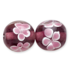 Bead, Lampwork Glass, 14mm Round, Crystal Glass lined in Amethyst with Pink Flower (Hole Size 2mm)