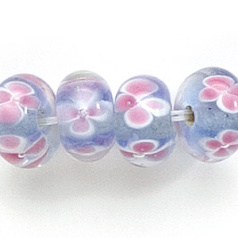 Bead, Lampwork Glass, 12x7mm Rondelle Crystal Glass lined in Light Sapphire with White and Pink Flower (Hole Size 2.3mm)