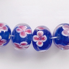 Bead, Lampwork Glass, 12x7mm Rondelle Crystal Glass lined in Cobalt with White and Pink Flower (Hole Size 2.3mm)