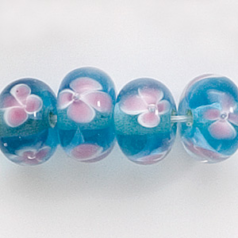 Bead, Lampwork Glass, 12x7mm Rondelle Crystal Glass lined in Aqua with White and Pink Flower (Hole Size 2.3mm)