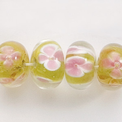 Bead, Lampwork Glass, 12x7mm Rondelle Crystal Glass lined in Chartreuse with White and Pink Flower (Hole Size 2.3mm)
