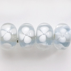 Bead, Lampwork Glass, 12x6mm Rondelle Crystal Glass lined in Light Sapphire with White Flower (Hole Size 2.3mm)