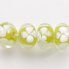 Bead, Lampwork Glass, 12x6mm Rondelle Crystal Glass lined in Chartreuse with White Flower (Hole Size 2.3mm)