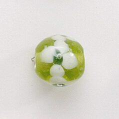 Bead, Lampwork Glass, 12mm Round shape with flower design - White / Blue / Chartreuse (Hole Size 2mm)