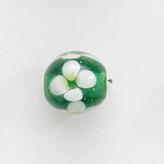 Bead, Lampwork Glass, 12mm Round shape with flower design - White / Yellow / Emerald (Hole Size 2mm)