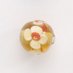 Bead, Lampwork Glass, 12mm Round shape with flower design - White / Red / Topaz (Hole Size 2mm)