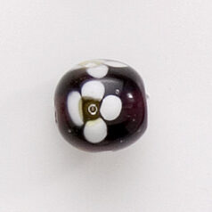 Bead, Lampwork Glass, 12mm Round shape with flower design - White / Green / Black (Hole Size 2mm)