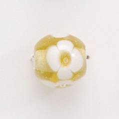 Bead, Lampwork Glass, 12mm Round shape with flower design - White / Topaz (Hole Size 2mm)