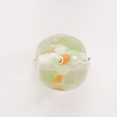 Bead, Lampwork Glass, 12mm Round shape with flower design - Green / Orange / Crystal (Hole Size 2mm)