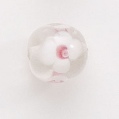 Bead, Lampwork Glass, 12mm Round shape with flower design - White / Rose / Crystal (Hole Size 2mm)