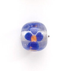 Bead, Lampwork Glass, 12mm Round shape with flower design - Cobalt / Orange / Crystal (Hole Size 2mm)