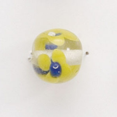 Bead, Lampwork Glass, 12mm Round shape with flower design - Yellow / Blue / Crystal (Hole Size 2mm)