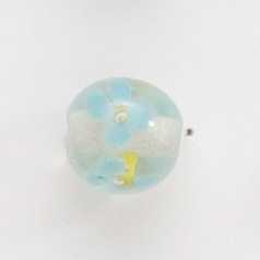 Bead, Lampwork Glass, 12mm Round shape with flower design - Blue / Yellow / Crystal (Hole Size 2mm)