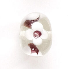 Bead, Lampwork Glass, 20x14mm Rondelle Shape with White / Rose flower design on Crystal Bead (Hole Size 2.75mm)