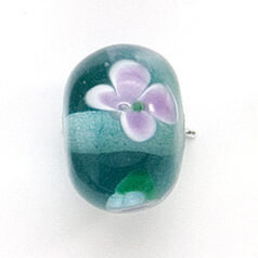 Bead, Lampwork Glass, 20x14mm Rondelle Shape with Pink / White flower design on Aqua Color bead (Hole Size 2.75mm)