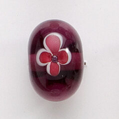 Bead, Lampwork Glass, 20x14mm Rondelle Shape with Red / White flower design on Amethyst color bead (Hole Size 2.75mm)